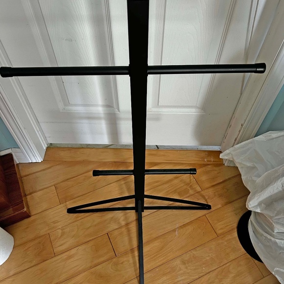 HOCKEY OR SPORTS EQUIPMENT STAND, BLACK STEEL, 3 LONG RODS, 2 SHORT RODS, 1 ROUN - Picture 3 of 5